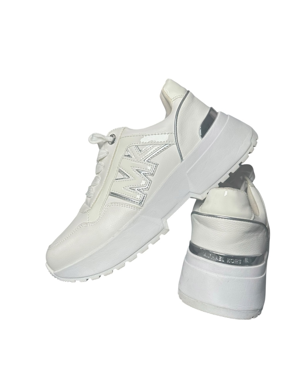 Michael Kors White Platform Lace-Up Sneakers with Silver Accents - Picture 2 of 4